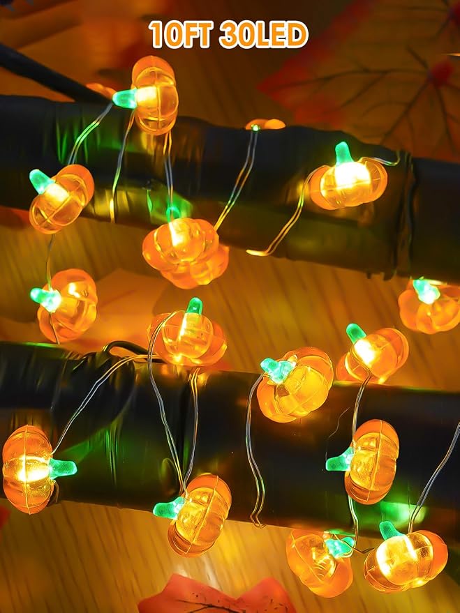 Fall Decor 10FT 3D Pumpkin Fairy Lights Battery Operated With Remote Orange | 30 LED, 8 Modes & Timer, IP44 Waterproof Twinkle Fall String Light for Indoor Outdoor Autumn Halloween Thanksgiving Decor