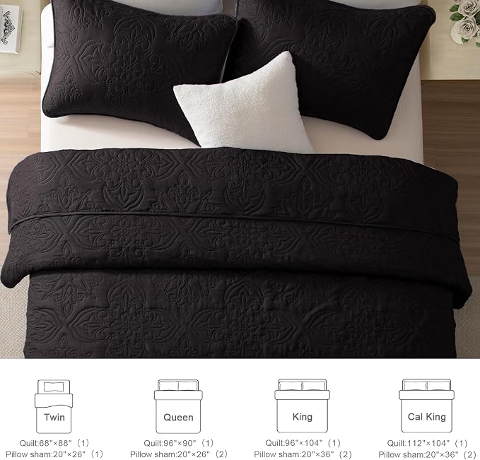 Whale Flotilla Twin Quilt Bedding Set Vintage Damask Reversible Bedspread | Suitable for Bed, 2 Pieces Black Lightweight Breathable Quilts Twin Size, Ultrasonic Coverlet Bed Cover with 1 Pillow Sham