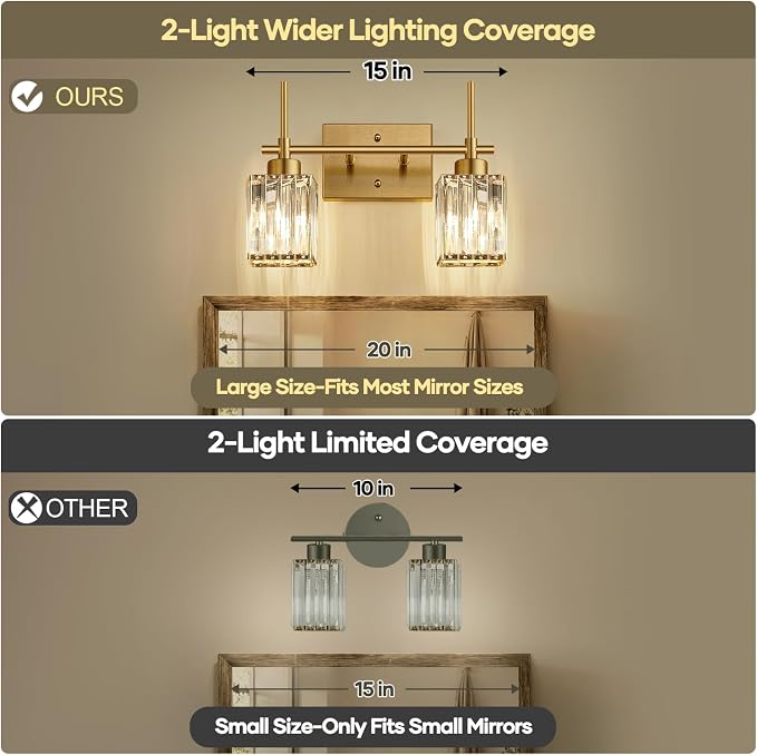 Torondo Modern Crystal Bathroom Vanity Light 2-Lights Brushed Gold Bathroom Light Fixtures Over Mirror Brushed Gold Vanity Lighting Fixtures Square Shade Wall Sconce (Bulbs Not Include)