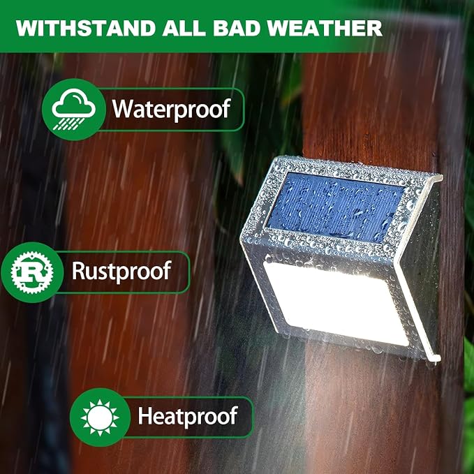 JSOT Solar Lights Perfect for Deck, Fence, Stair, Step Decor-Cool White-16P | Stainless Steel, Waterproof, Solar Powered, Garden, Patio, Deck Rail
