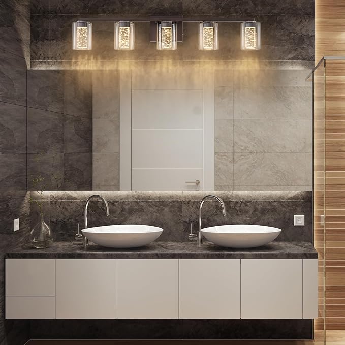 SineRise 5-Light Bronze Vanity Light with 3 Color Modes (3000K/4000K/6000K), Eye Protection LED Bathroom Light Fixture, Dimmable Modern Wall Light Over Mirror with Clear Glass Shade
