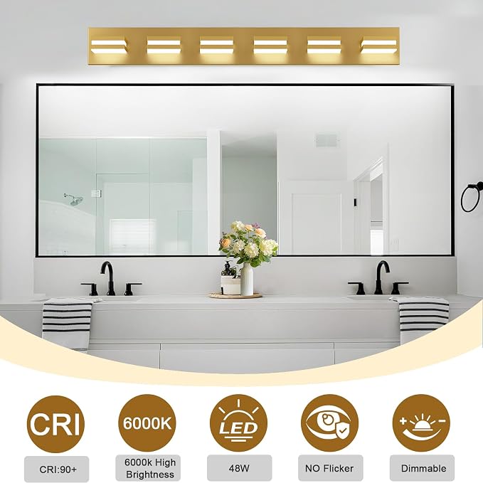 IZORRO LED Modern Bathroom Lights Fixtures(6-Light,Dimmable,360°Rotate),Brushed Glod Acrylic Wall Lighting,Vanity Lights for Bathroom Over Mirror - 6000k 36In （No Assembly Required）