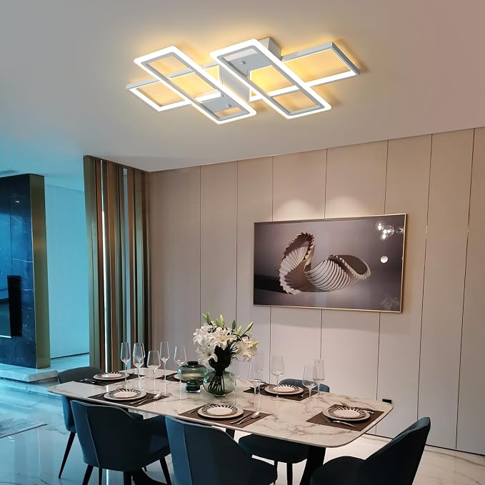 GEADI 35.4" Modern LED Ceiling Light, Dimmable White Flush Mount Chandelier | 80W 4-Square Geometric Ceiling Lamp with Remote, 3000K-6500K Dimming, Memory, 4800 Lumens, Low Profile for Bedroom, Kitchen