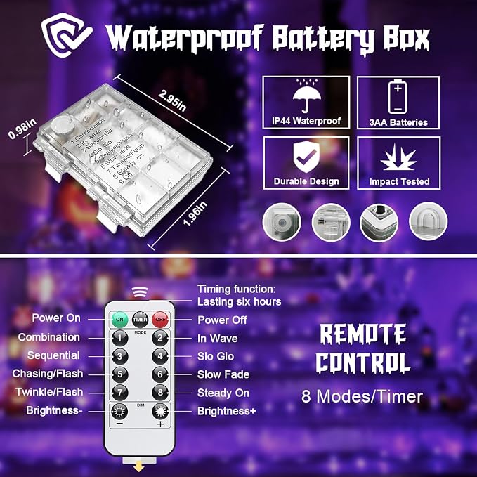 JMEXSUSS 2 Pack Halloween Fairy Lights Battery Operated, Total 200 LED 66ft | Purple, Christmas Lights with Remote, 8 Modes Twinkle String Lights for Halloween, Tree, Mantel, Indoor, Outdoor Decorations