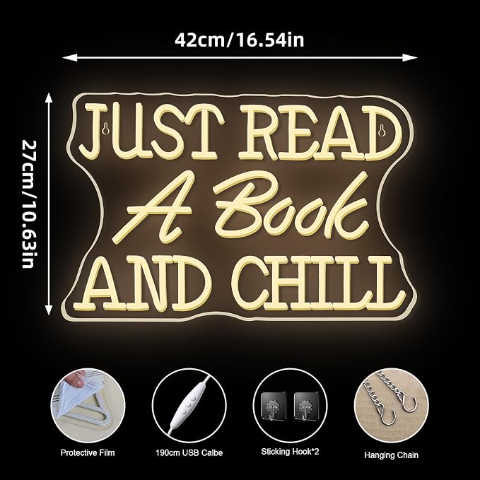 Just Read a Book and Chill White LED Neon Lights Wall Decor LED Sign with Dimmable Switch Neon Light Up Sign for Classroom Bookstore Library Study Room Reading Party