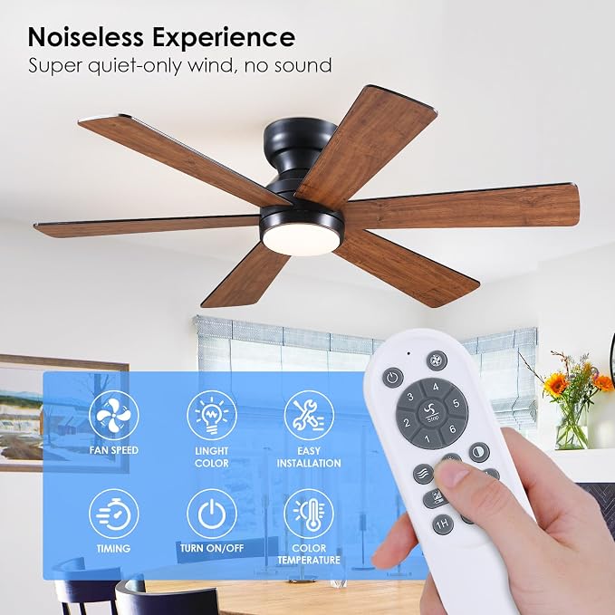 Asyko 46"Brown 6-Blade Modern Low Profile Ceiling Fan with Light and Remote | 6 Double-Sided Blades,6 Wind Speeds, Reversible,Dimmable 3 CCT LED Light, 25W Quiet DC Motor,1/2H Timer,for Bedroom Kitchen