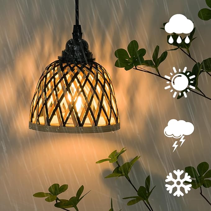 2 Pack Bamboo Chandelier/Dimmer, Waterproof Outdoor Pendant Light for Patio/Gazebo, Hand-Woven Boho Style, Battery Operated (No Wiring)