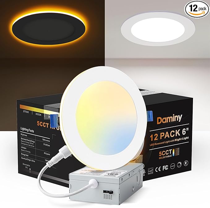 DAMINY 12 Pack 6 Inch 5CCT LED Recessed Light with Night Light,Ultra-Thin,Canless recessed Lighting 6 in,12W=110W,1000LM,Dimmable Wafer Lights,ETL Certificated