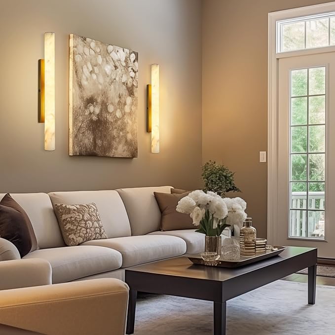 Brass Alabaster Wall Sconces, Spanish Natural Marble Wall Sconce, 36" Long Stone Wall Sconce Dimmable, Gold Alabaster Sconces Wall Lighting Indoor, Marble Wall Light for Bathroom, Living Room, 1PC