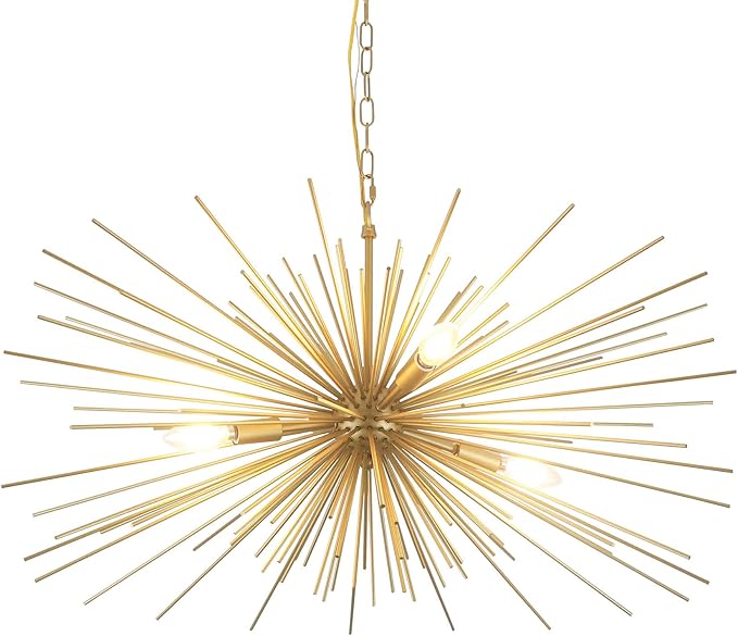 31in Modern Gold Sputnik Chandelier 4-Light Mid-Century Starburst Chandelier Light Fixture Over Table Large Satellite Chandeliers for Dining Room Foyer Entryway Kitchen Bedroom Living Room E12