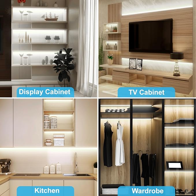 JUSJUBR Display Cabinet Lights, 32.8ft 24V Dimmable Cuttable COB LED Strip Lights, Cold White 6000K, Under Cabinet Lighting for Shelves, Bookshelves, Display Cases, Cabinets, Kitchens and Closets