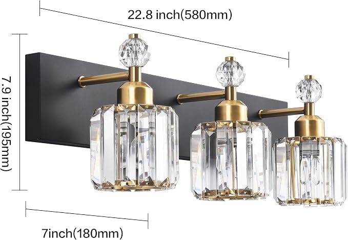PRESDE Crystal 3 Light Bathroom Vanity Lights Black and Gold Bathroom Lights Fixtures Over Mirror Modern Bath Wall Lighting