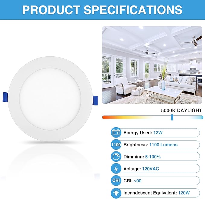 ECOELER 12 Pack 6 Inch Slim LED Recessed Lighting with Junction Box, 5000K Daylight, Dimmable Dimmable Can-Killer Downlight, 12W 1100Lm High Brightness Wafer Lights, ETL & FCC Listed