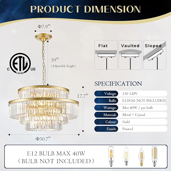 20 Lights Modern Gold Crystal Chandeliers Large 31" 4-Tier K9 Crystal Light Fixture Luxury Round Ceiling Pendant Chandelier for Foyer Staircase Living Room Dining Room