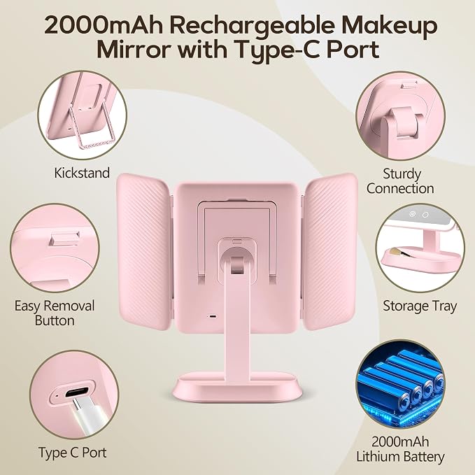 Makeup Mirror with Lights and 30X/10X/5X Magnification, Vanity Mirror with 3 Color Lights, Rechargeable, Detachable, Lighted Makeup Mirror with Magnification, Trifold Mirror, Gifts for Women