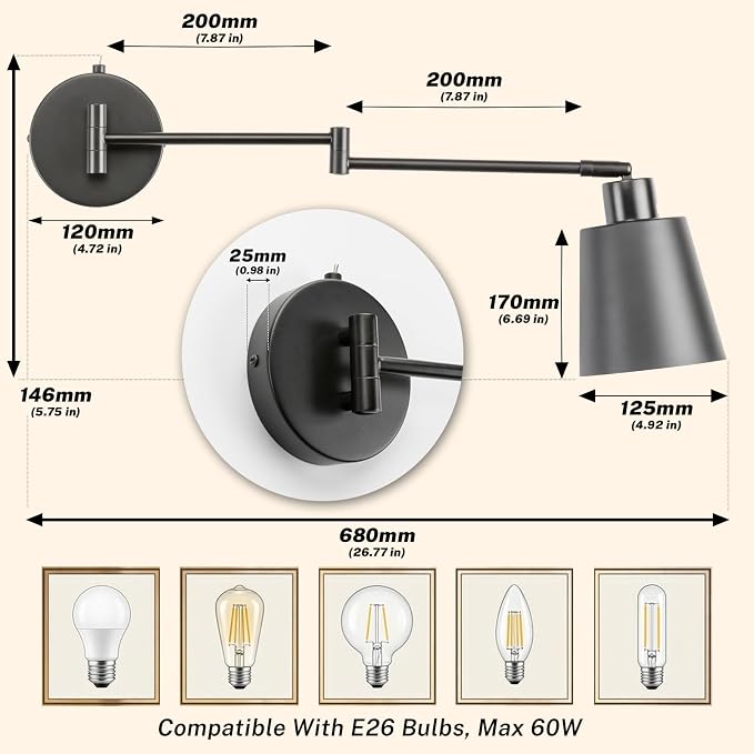 OSYNNIQ Wall Sconce Light with Adjustable Swing Arm for Bedside Reading | Wall Lamp, Modern, Industrial, Lighting Fixture, Black, Hardwired, for Bedroom/Living Room/Indoor, LED E26 Bulb Included