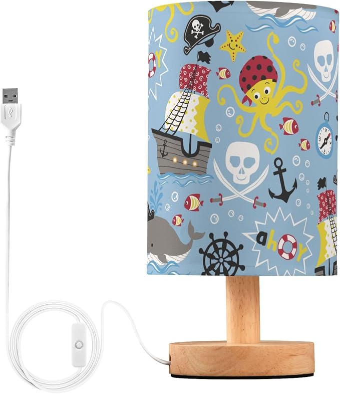 Table Lamp Pirate Marine Animal Octopus Whale Fish Nautical Skull Nightstand Lamp with Wood Base Fabric Lamp Shade Bedside Desk Lamp for Living Room Bedroom Kids Room Office