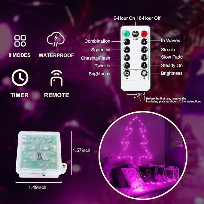 6 Pack Fairy Lights Battery Operated with Remote Timer 8 Lighting Modes,7ft 20 LED Waterproof Mini String Lights for Halloween Christmas Table Centerpieces Bedroom Decorations,Pink
