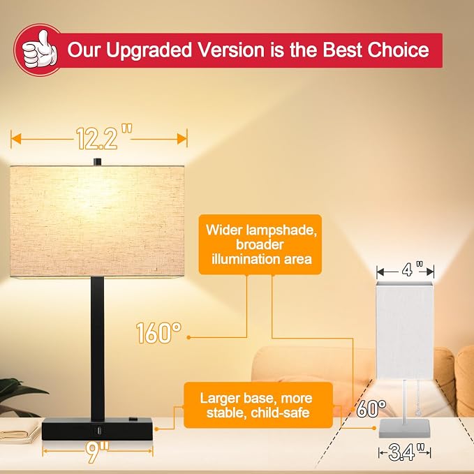 Lynnoland 21" Set of 2 Table lamp with USB A+C & AC Outlets, Touch Control 3-Way Dimmable Nightstand Lamps for Bedroom Living Room Office Reading, Linen Shade Touch Lamps, 3000K LED Bulbs Included