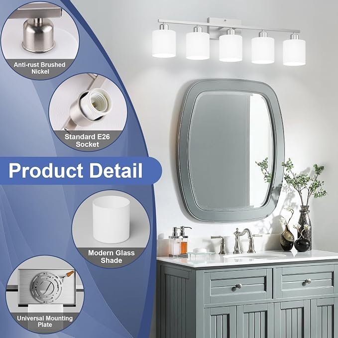 Bathroom Lights Over Mirror Brushed Nickel, Anti-Rust 5-Light Bathroom Vanity Light Fixtures, Modern 28.34Inches Wall Sconces E26 Base, Milky White Glass Shades, Bulbs Not Included