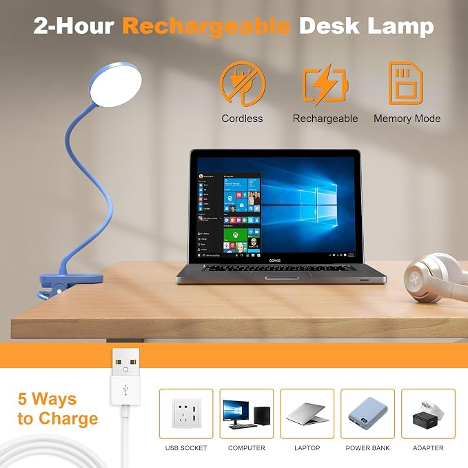 Rechargeable Desk Lamp with Clamp, 97 LED Eye-Care Table Light for Kids Bedroom with 3 Color & 10 Brightness, Cordless Clip on Lamp for Bed Book Reading Crafting Drawing Gaming Puzzle (Blue/4.7'') | 10 Brightness Levels, Clamp Lamp with USB-C, 15.8'' F...