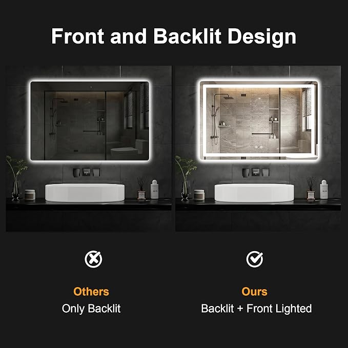 LED Bathroom Mirror with Lights, 30 x 45 Lighted Vanity Wall Mirror | Backlit and Frontlit, Anti-Fog, Dimmable 3 Colors, Shatter-Proof Tempered Glass, Memory Function, Plug-in/Hardwired