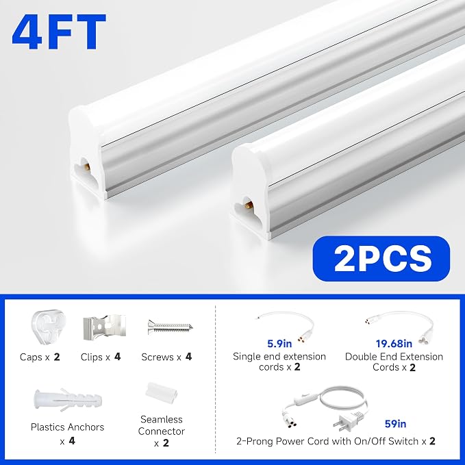 Ensenior 4FT LED Shop Lights, T5 6500K Super Bright Garage Lighting, 2 Pack | Integrated utility light Fixture, linkable plug & play for gym, ceiling, under cabinet, basement & warehouse, 2000LM 20W, FCC