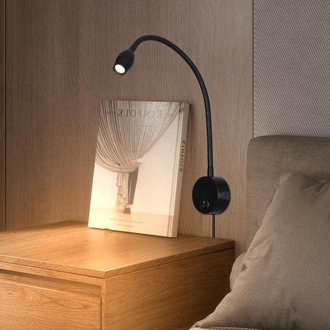 LED Reading Lamp 3W Warm White 3000K for Reading Books Black Plug Cord 2PCS