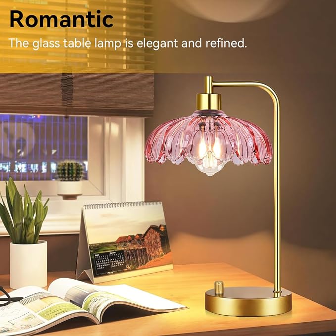 ILLMTW Pink Table Lamp Set of 2,Small Gold Bedside Lamps Dimmable Boho Bedroom Lamp with Tulip Flower Glass Lamp Shade,Vintage Mid Century Modern Mini Nightstand Lamp for Bedroom Living Room