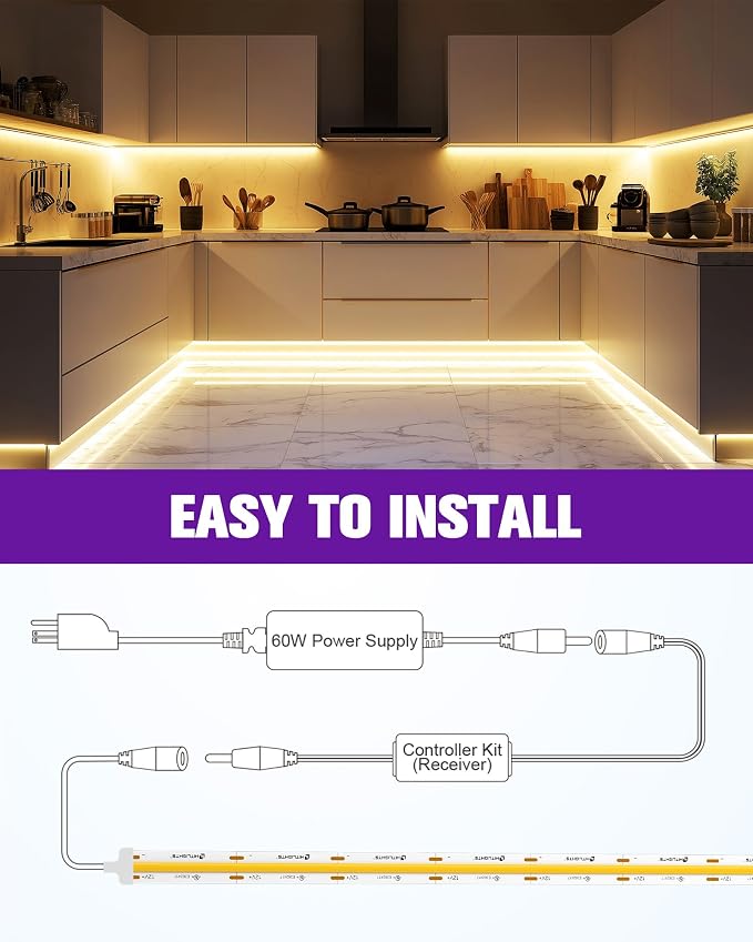 HitLights COB LED Strip Lights Kit Warm White 3000K with Remote, 16.4ft 12V | UL Listed, Dimmable Tape Light with Power Supply, 2640 LEDs, 426 lm/ft, CRI 90+, Rope Lighting for Bedroom Kitchen Cabinet
