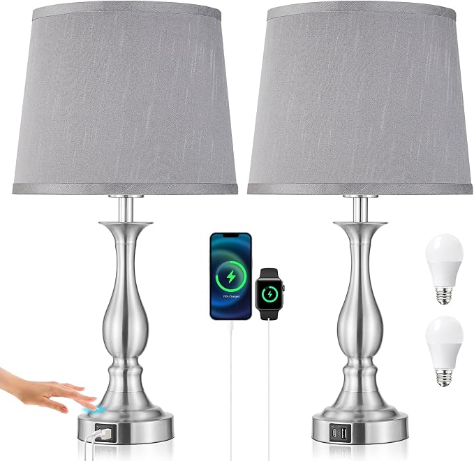 Bedside Table Lamp Touch Control Bedroom Lamps with USB A + C Charging Port 3 Way Dimmable Touch Lamps for Nightstand Living Room Bedroom Dorm Home Office Reading, Set of 2 (Grey Shade & Nickel Base)