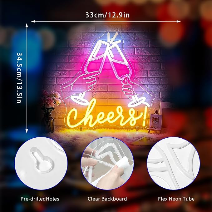Neon Sign, Cheers Neon Signs for Wall Decor LED Signs Neon Light | Cheers Neon Signs for Wedding, Graduation, Birthday, Party, Bar, Festival Celebration Backdrop Wall Decor, Gift, USB Powered