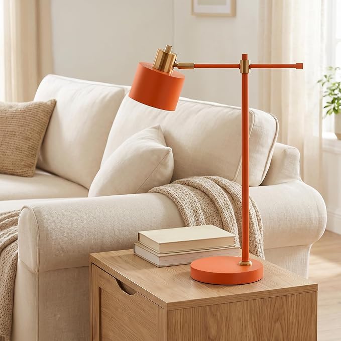 22.2" Modern Desk Lamp, Metal Table Lamp with LED Bulb, Adjustable Reading Lamps for Living Room, Mid Century Task Lamp for Home Office, Industrial Bedside Lamps with Solid Base, Orange