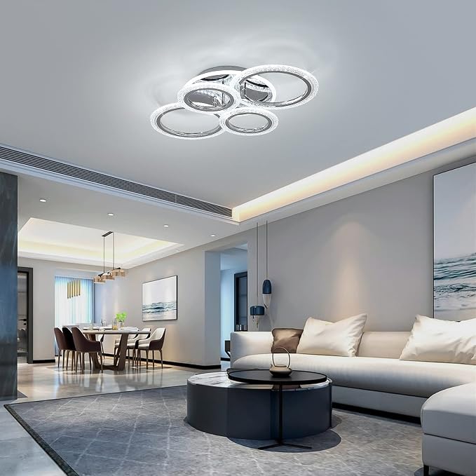 Garwarm Modern LED Flush Mount Ceiling Light with Remote, 4 Ring Chrome 58W | Low Profile Ceiling Light Fixture,Dimmable 3000K-6000K Adjustable Color Temperature,Bubble Acrylic, for Living Room, Bedroom