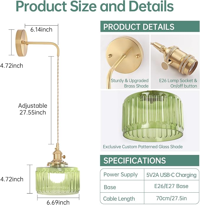 Shenmoyl Battery Operated Wall Sconce with Green Striped Shade Pattern Glass Adjustable Chain Retro Gold Wall Mounted Light, Modern Wall Lamp Fixtures Decor for Bedside Bedroom Indoor Doorway