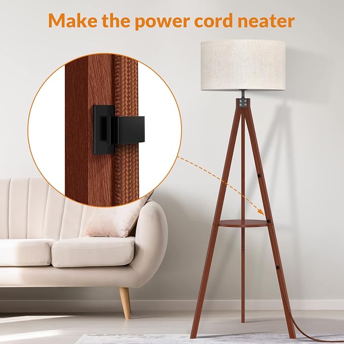 LEPOWER Shelf Floor Lamp Tripod Mid Century Modern Lamps for Living Room | Light-Diffusing Linen Shade, Premium Rubberwood, E26 Base, Foot Switch, Adding Warmth to Bedroom, Office & Study Corner Brown