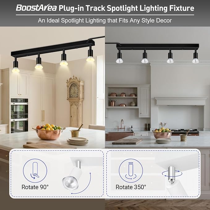 AUQUEE Plug in Track Light, 23", Black, 4 Way GU10 Wall Spotlight | Track Ceiling Lighting Fixtures, Rotatable Track Head, LED Wall Light for Kitchen Cabinet Gallery Bar Hallway Living Room
