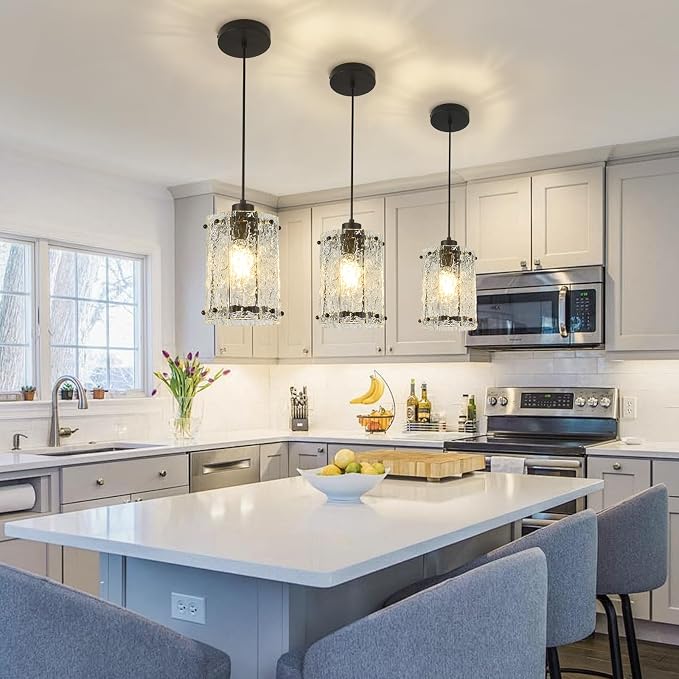 Black Pendant Lights Kitchen Island 2 Pack Modern Water Ripple Glass Pendant Lights Fixtures Round Adjustable Hanging Pendant Lighting for Kitchen Island Dining Room Over Sink Table Entryway
