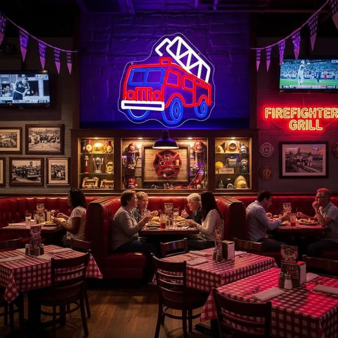 Fire Fighting Truck Neon Sign for Wall Decor Dimmable Fire Truck Neon Light for Man Cave Birthday Gifts for Man Firefighter Fireman LED Sign for Fire Station Garage Bedroom Size11.9 * 11.8In(WZCP210)