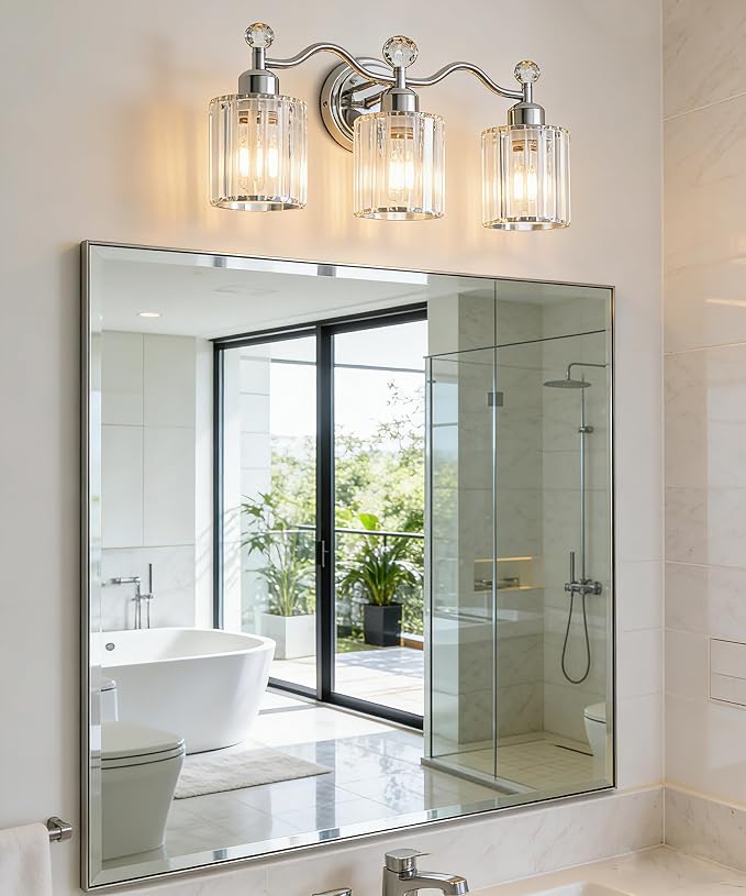 Bathroom Light Fixtures, 3-Light Vanity Light Over Mirror, Polished Chrome Wall Sconces with Clear Crystal Shades, Wall Lamp for Living Room Bedroom, E26 Base(Bulbs Not Included)