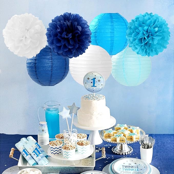 Blue-White Birthday Party-Decorations Paper-Flowers Lanterns - 15PCS Light Royal Tissue Pom Poms Streamers,Classroom Ocean Themed Baby Bridal Shower Bachelorette Wedding Hanging Supplies Decor Hugfond