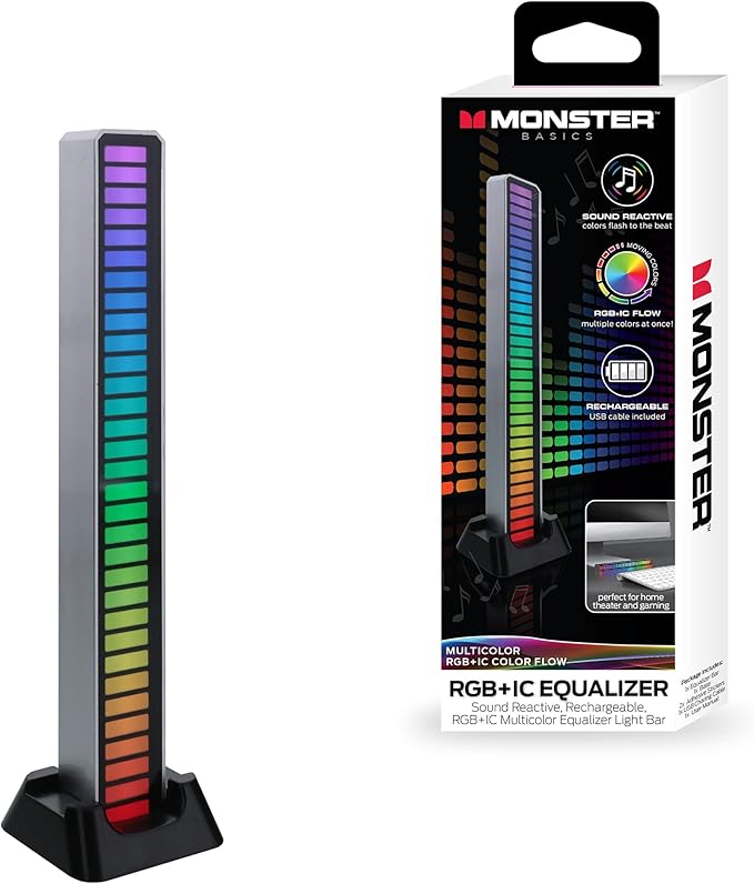 XTREME Monster Sound-Reactive Multicolor LED Equalizer Light Bar, Horizontal/Vertical Mounting, Rechargeable, USB Charging Cable Included