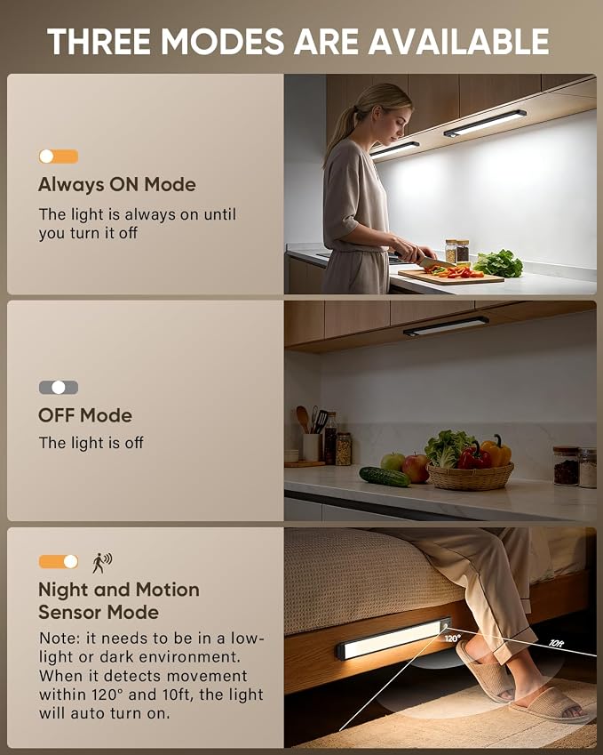 MCGOR 3 Pack 10inch Under Cabinet Lighting, Rechargeable Motion Sensor Light Indoor with 3 Color Temps, Dimmable Magnetic Led Closet Lights, Wireless Under Counter Lights for Kitchen, Stairs,Black