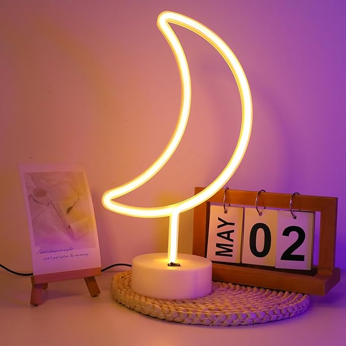 ENUOLI Warm White Moon Shape Led Neon Night Light with Holder Base Moon Neon Sign Lamp Power by Battery&USB Marquee Neon Sign for Home Party Birthday Bedroom Table Decoration Children Gifts