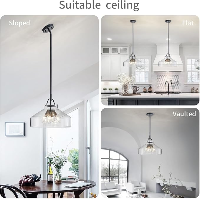 WUZUPS Chandelier Rustic Farmhouse Industrial Round Ceiling Pendant LED Light Fixture with Clear Glass Shades for Dining Room Kitchen Island Foyer Entryway, H 11.8" W 15", E26 Base, Brushed Nickel