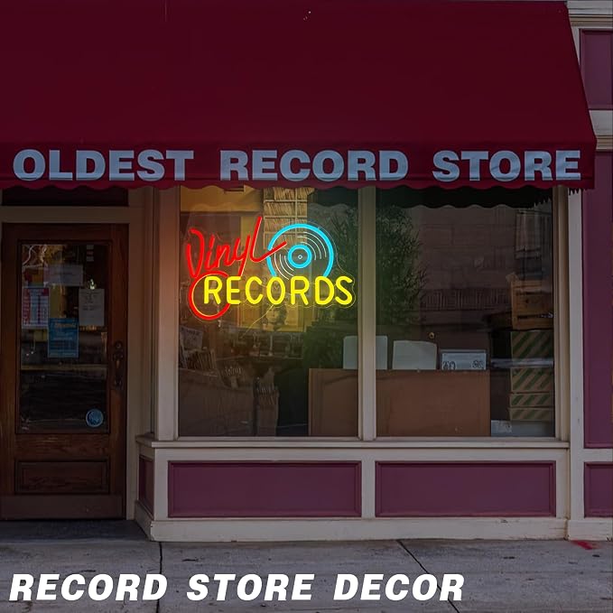 Neon Record Sign - Vintage Record Store Retro Light, Vinyl Record Decor LED Sign for Music Room, Home Studio & Man Cave, Retro Wall Art Gift for Audiophiles and Collectors(16.8 * 10.9inch)