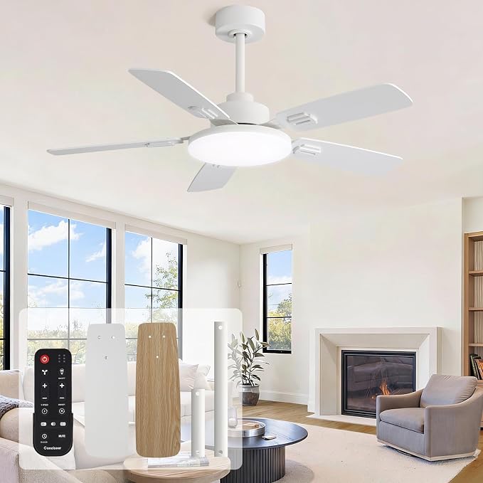 44 Inch Ceiling Fans with Lights and Remote for Bedroom Living Room Kitchen Office, Indoor/Outdoor Use, 5CCT Dimmable, Dual Color 5 Blades, 6 Speed Reversible Quiet DC Motor, White/Wood Grain