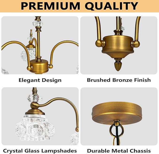 Montex Vintage Brass Pendant Light,Gold Vintage Chandelier Light Fixture 3 Lights,Include 4 Light Bulbs Glass Pendant Light Crystal Hanging Light