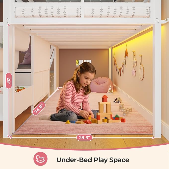 ADORNEVE Low Loft Bed Twin Size with Bookshelf, Reading Nook & 3 Drawers | Kids Loft Bed, LED, Storage Drawers, Beside Box, Under-Bed Play Space,Safety Guardrail, Inclined Ladde, Play Curtain, White