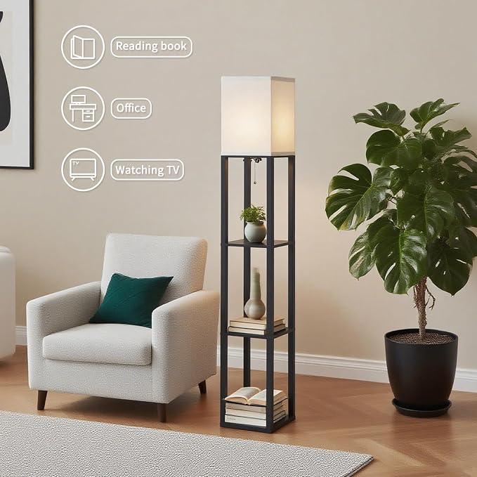 Floor Lamp with Shelves, Modern Square Shelf Lamp for Living Room, Corner Display Standing Lamp, Tall Lamp with White Shade for Bedroom, Office, Home Decor, Black